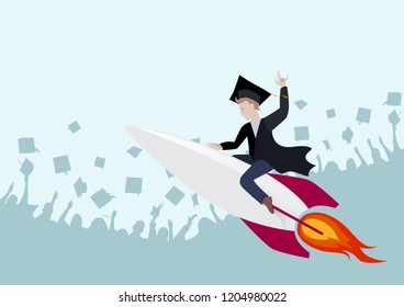 Education the start of a successful career. University graduate in a mantle and cap riding a rocket, concept