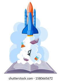 education startup, rocket launch from book vector illustration