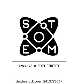 Education and STEM pixel perfect black glyph icon. Science technology teaching students. Innovative courses create. Silhouette symbol on white space. Solid pictogram. Vector isolated illustration