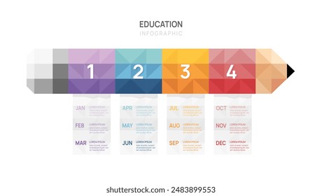 Educación paso línea de tiempo infografía lápiz Plantilla. Calendario de elementos de hitos modernos y temas de 4 trimestres, infografías de Vectores.