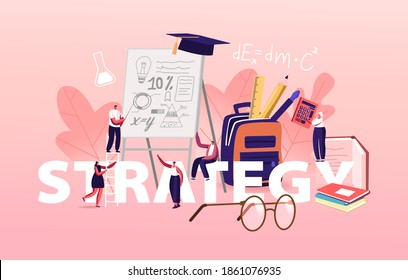 Education Strategy Concept. Tiny Male and Female Students Characters in Lab or School Class Learning Mathematics at Huge Education Formulas Poster Banner Flyer. Cartoon People Vector Illustration