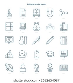 Icono de trazo de Educación. Conjunto de iconos de línea de Educación. paquete de iconos de trazo editable