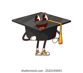 Educación estudiante cap groovy carácter. Personaje juguetón del sombrero de la graduación o del mortero del Vector de la historieta con la cara sonriente exuda felicidad y celebración, simbolizando éxito académico y logro