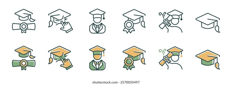 education student graduate hat icon set school graduation cap college university diploma achievement academy ceremony signs vector illustration for web and app