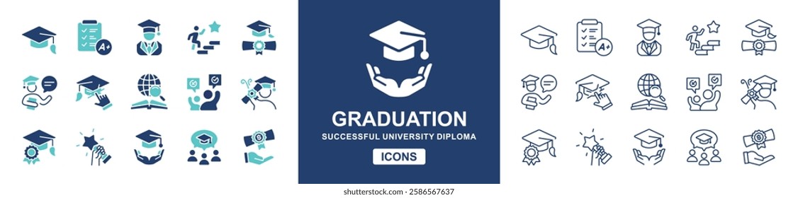 education student graduation icon set knowledge cognition online school study learning success achievement graduate college vector line illustration