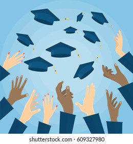 education student hats in the air. Flat design, vector illustration.