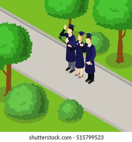 Education student isometric composition graduates in suits standing on the road in park vector illustration