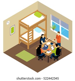 Education student isometric composition with students in dormitory in a room doing homework vector illustration