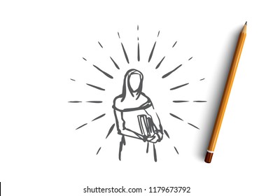 Education, student, muslim, arabic, islam, library concept. Hand drawn silhouette of female muslim student with books in hands concept sketch. Isolated vector illustration.