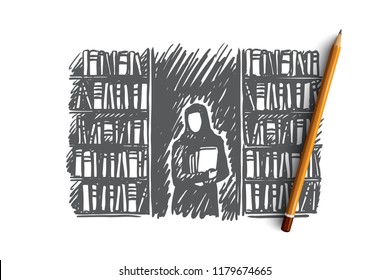 Education, student, muslim, islam, library concept. Hand drawn muslim woman in library with books concept sketch. Isolated vector illustration