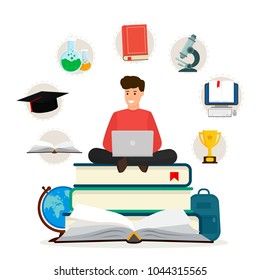 Education. Student sitting on books with laptop. Surfing internet. Concepts of education and e-learning isolated on white background. Vector illustration.