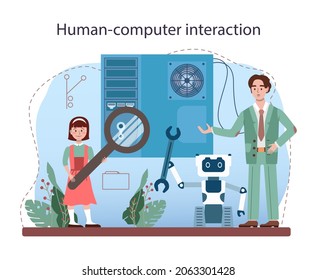 IT education. Students learning about algorithms, ai and computers, scripts and data structure. Computer science and technology for websites and devices interface. Flat vector illustration.