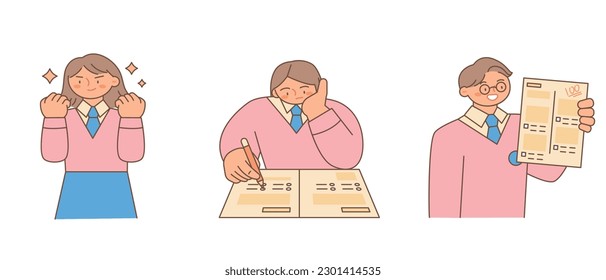 Education. Students studying hard and taking exams. A cheering pose. Students solving exam questions. A smart student holding an exam paper.