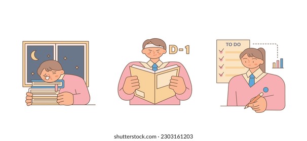 Education. Students studying hard and taking exams. Student sleeping late at night, checklist.