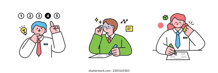 Education. Students studying hard and taking exams. Students solving multiple choice problem and cheating.