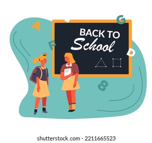 Education and studies for kids, back to school. Pupil girls standing by blackboard with geometric shapes and figures. Developing and improving skills in college, students. Vector in flat style