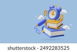Education and study 3d realistic vector background with books stack, alarm clock and pen flying in clouds. Three dimensional student banner with empty space for text.
