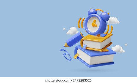 Education and study 3d realistic vector background with books stack, alarm clock and pen flying in clouds. Three dimensional student banner with empty space for text.