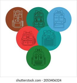 Education and study backpack in group for students and traveling icon. Rucksack or schoolbag with pockets and zipper element. Set tourism bag. Flat line art illustration isolated on white background.
