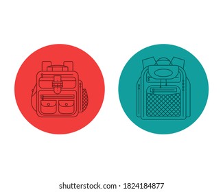 Education and study backpack for students and traveling icon. Rucksack or schoolbag with pockets and zipper element. Tourism bag. Flat line art illustration isolated on circle background. Front view.