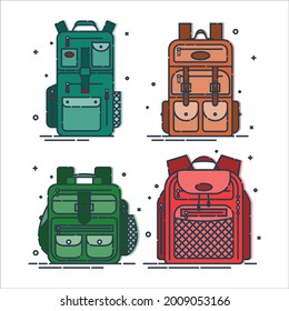 Education and study backpack for students and traveling icon. Rucksack or schoolbag with pockets and zipper element. Set tourism bag. Flat line art illustration isolated on white background. Vector.
