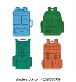 Education and study backpack for students and traveling icon. Rucksack or schoolbag with pockets and zipper element. Set tourism bag. Flat line art illustration isolated on white background. Vector.
