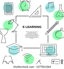 Education, study, book, student, knowledge concept in thin line style. Vector illustration with outline icons. Distance online education, internet learning banner design. Webinar platform background.