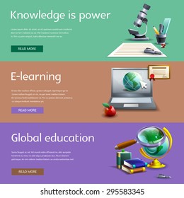 Education and study cartoon horizontal banners set with online and global learning isolated vector illustration 