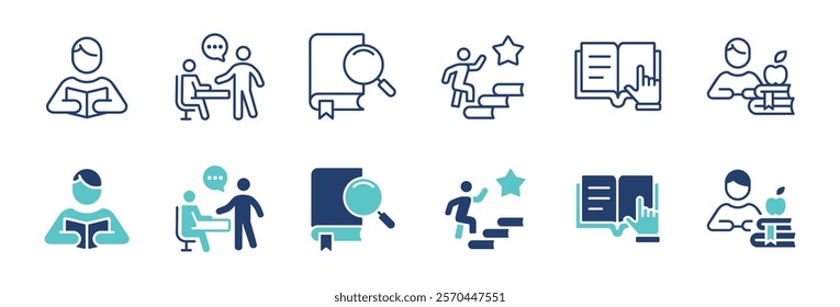 education study icon line set student read and learn online learning course reading book research outline signs vector illustration