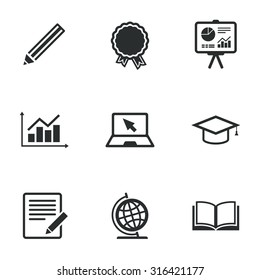 Education and study icon. Presentation signs. Report, analysis and award medal symbols. Flat icons on white. Vector