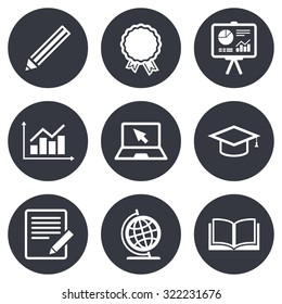 Education and study icon. Presentation signs. Report, analysis and award medal symbols. Gray flat circle buttons. Vector