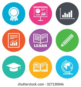 Education and study icon. Presentation signs. Report, analysis and award medal symbols. Flat circle buttons. Vector
