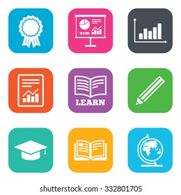 Education and study icon. Presentation signs. Report, analysis and award medal symbols. Flat square buttons. Vector
