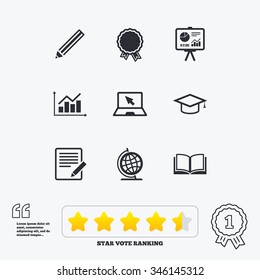Education and study icon. Presentation signs. Report, analysis and award medal symbols. Star vote ranking. Award achievement and quotes.
