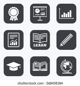 Education and study icon. Presentation signs. Report, analysis and award medal symbols. Flat square buttons with rounded corners.