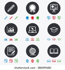 Education and study icon. Presentation signs. Report, analysis and award medal symbols. Flat circle buttons with icons.
