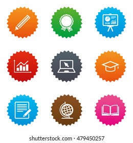 Education and study icon. Presentation signs. Report, analysis and award medal symbols. Stars label button with flat icons. Vector