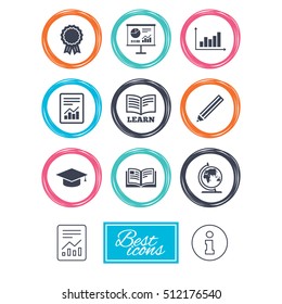 Education and study icon. Presentation signs. Report, analysis and award medal symbols. Report document, information icons. Vector