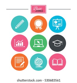 Education and study icon. Presentation signs. Report, analysis and award medal symbols. Colorful flat buttons with icons. Vector
