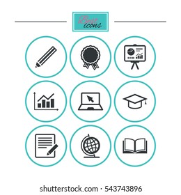 Education and study icon. Presentation signs. Report, analysis and award medal symbols. Round flat buttons with icons. Vector