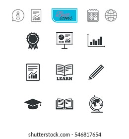 Education and study icon. Presentation signs. Report, analysis and award medal symbols. Report document, calendar and information web icons. Vector