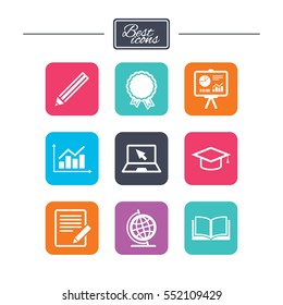 Education and study icon. Presentation signs. Report, analysis and award medal symbols. Colorful flat square buttons with icons. Vector