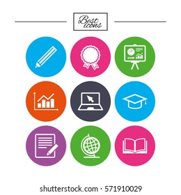 Education and study icon. Presentation signs. Report, analysis and award medal symbols. Classic simple flat icons. Vector