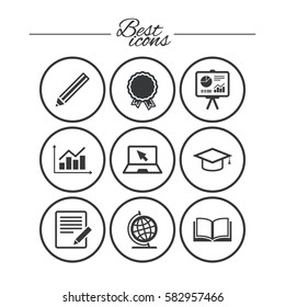 Education and study icon. Presentation signs. Report, analysis and award medal symbols. Classic simple flat icons. Vector