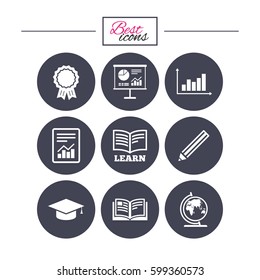 Education and study icon. Presentation signs. Report, analysis and award medal symbols. Classic simple flat icons. Vector