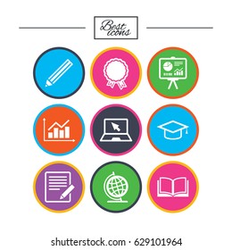 Education and study icon. Presentation signs. Report, analysis and award medal symbols. Classic simple flat icons. Vector