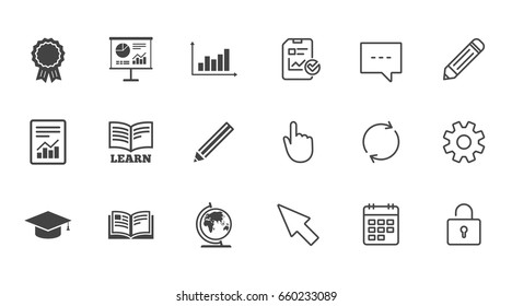 Education and study icon. Presentation signs. Report, analysis and award medal symbols. Chat, Report and Calendar line signs. Service, Pencil and Locker icons. Click, Rotation and Cursor. Vector