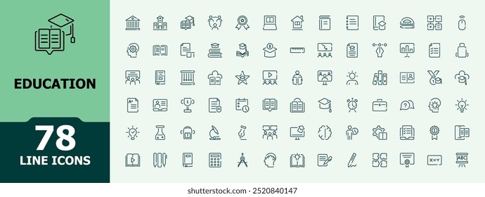 Education and study icon set. Minimalist outline vector icons related to success, academic book and more. School related icons in a flat design.