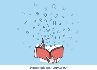 Education, study, knowledge and information concept. Student learning with book reading with letters flying around vector illustration 