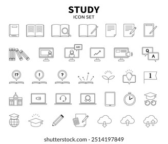 Educação Estudo Aprendizagem Ilustração Ícone Set PC Mobile Notebook Stationery Linha Simples Desenho Preto e branco